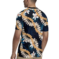 Puakenikeni Maile Lei Rugby Jersey Frangipani Blue Tropical Leaves LT01 - Polynesian Pride