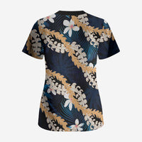 Puakenikeni Maile Lei Scrub Top Frangipani Blue Tropical Leaves
