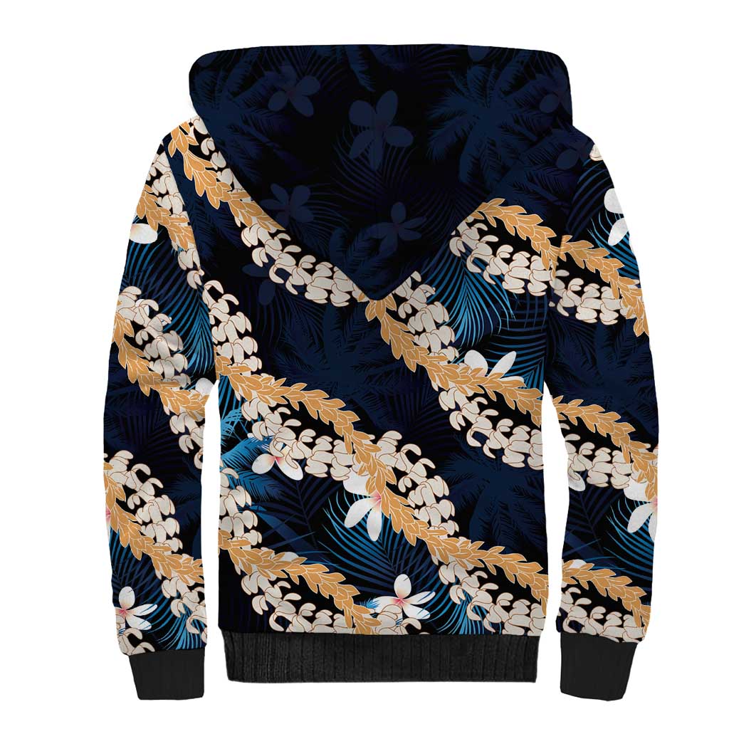 Puakenikeni Maile Lei Sherpa Hoodie Frangipani Blue Tropical Leaves LT01 - Polynesian Pride