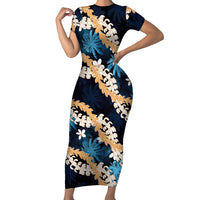 Puakenikeni Maile Lei Short Sleeve Bodycon Dress Frangipani Blue Tropical Leaves LT01 Long Dress Blue - Polynesian Pride