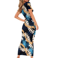 Puakenikeni Maile Lei Short Sleeve Bodycon Dress Frangipani Blue Tropical Leaves LT01 - Polynesian Pride