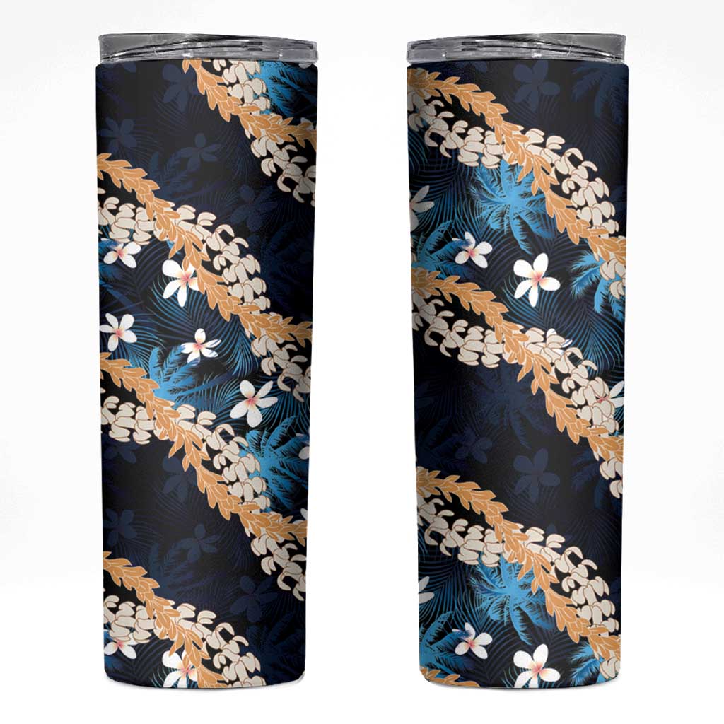 Puakenikeni Maile Lei Skinny Tumbler Frangipani Blue Tropical Leaves