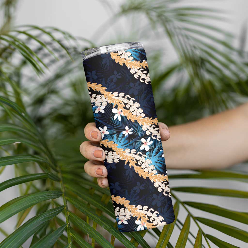 Puakenikeni Maile Lei Skinny Tumbler Frangipani Blue Tropical Leaves LT01 - Polynesian Pride