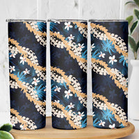 Puakenikeni Maile Lei Skinny Tumbler Frangipani Blue Tropical Leaves LT01 - Polynesian Pride