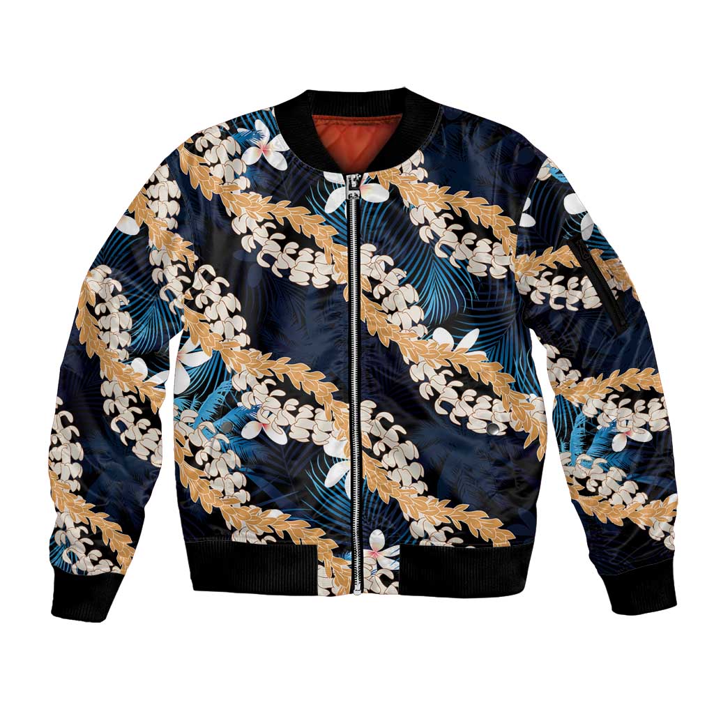 Puakenikeni Maile Lei Sleeve Zip Bomber Jacket Frangipani Blue Tropical Leaves