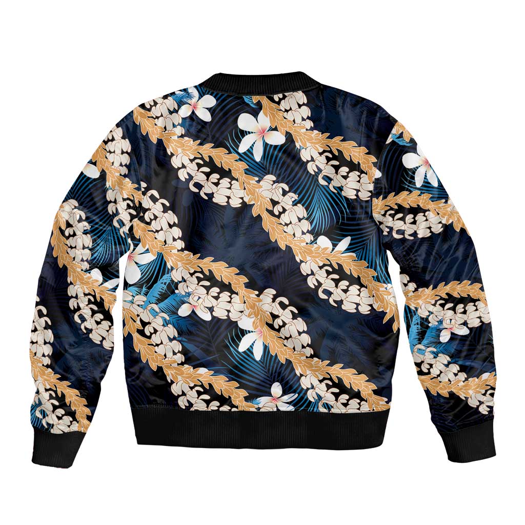 Puakenikeni Maile Lei Sleeve Zip Bomber Jacket Frangipani Blue Tropical Leaves