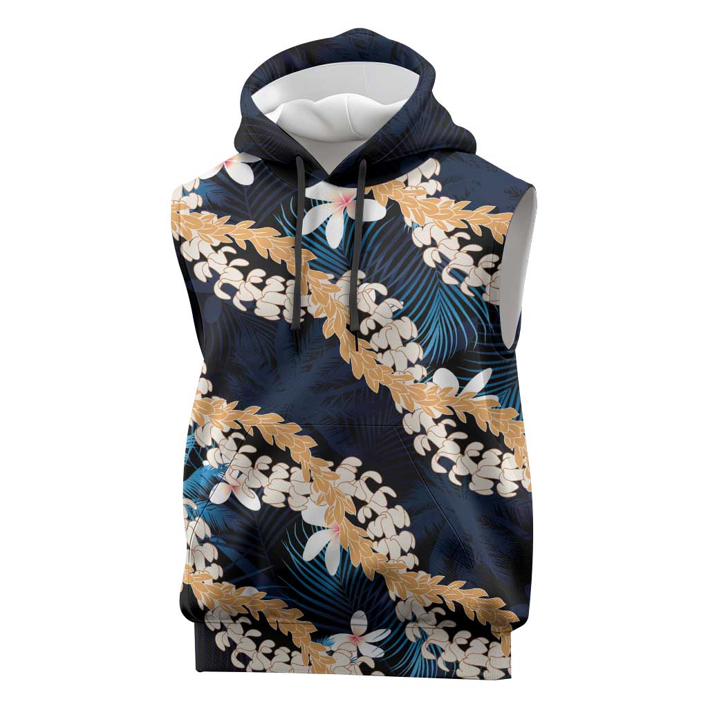 Puakenikeni Maile Lei Sleeveless Hoodie Frangipani Blue Tropical Leaves LT01 Blue - Polynesian Pride
