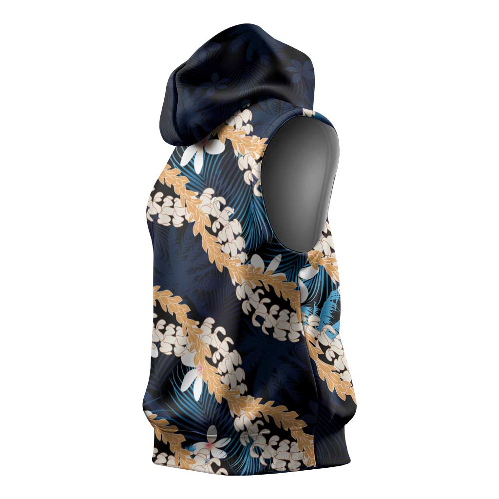Puakenikeni Maile Lei Sleeveless Hoodie Frangipani Blue Tropical Leaves