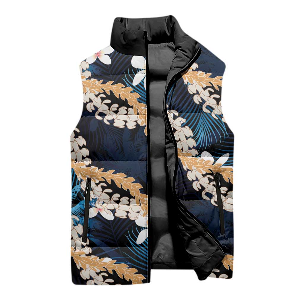 Puakenikeni Maile Lei Sleeveless Puffer Jacket Frangipani Blue Tropical Leaves