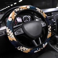 Puakenikeni Maile Lei Steering Wheel Cover Frangipani Blue Tropical Leaves
