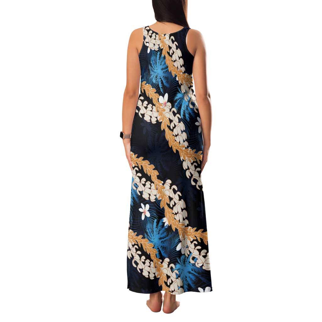 Puakenikeni Maile Lei Tank Maxi Dress Frangipani Blue Tropical Leaves