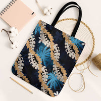 Puakenikeni Maile Lei Tote Bag Frangipani Blue Tropical Leaves LT01 Black Strap One Size Blue - Polynesian Pride