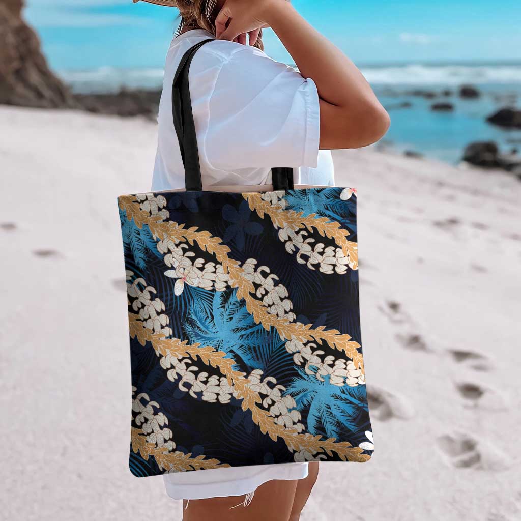 Puakenikeni Maile Lei Tote Bag Frangipani Blue Tropical Leaves LT01 - Polynesian Pride