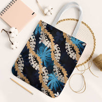 Puakenikeni Maile Lei Tote Bag Frangipani Blue Tropical Leaves LT01 White Strap One Size Blue - Polynesian Pride