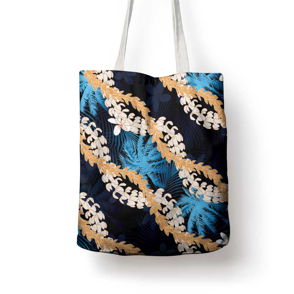 Puakenikeni Maile Lei Tote Bag Frangipani Blue Tropical Leaves LT01 - Polynesian Pride