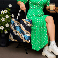 Puakenikeni Maile Lei Tote Bag Frangipani Blue Tropical Leaves LT01 - Polynesian Pride