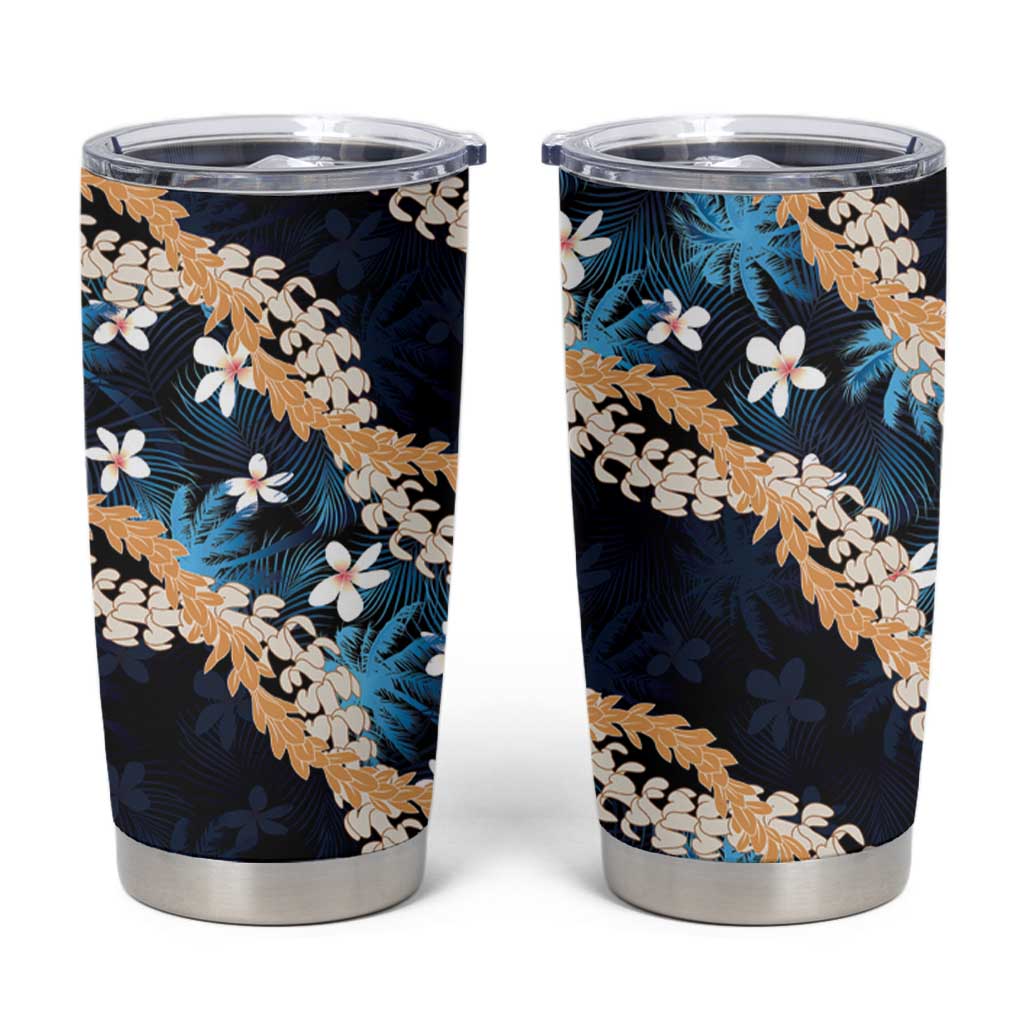 Puakenikeni Maile Lei Tumbler Cup Frangipani Blue Tropical Leaves