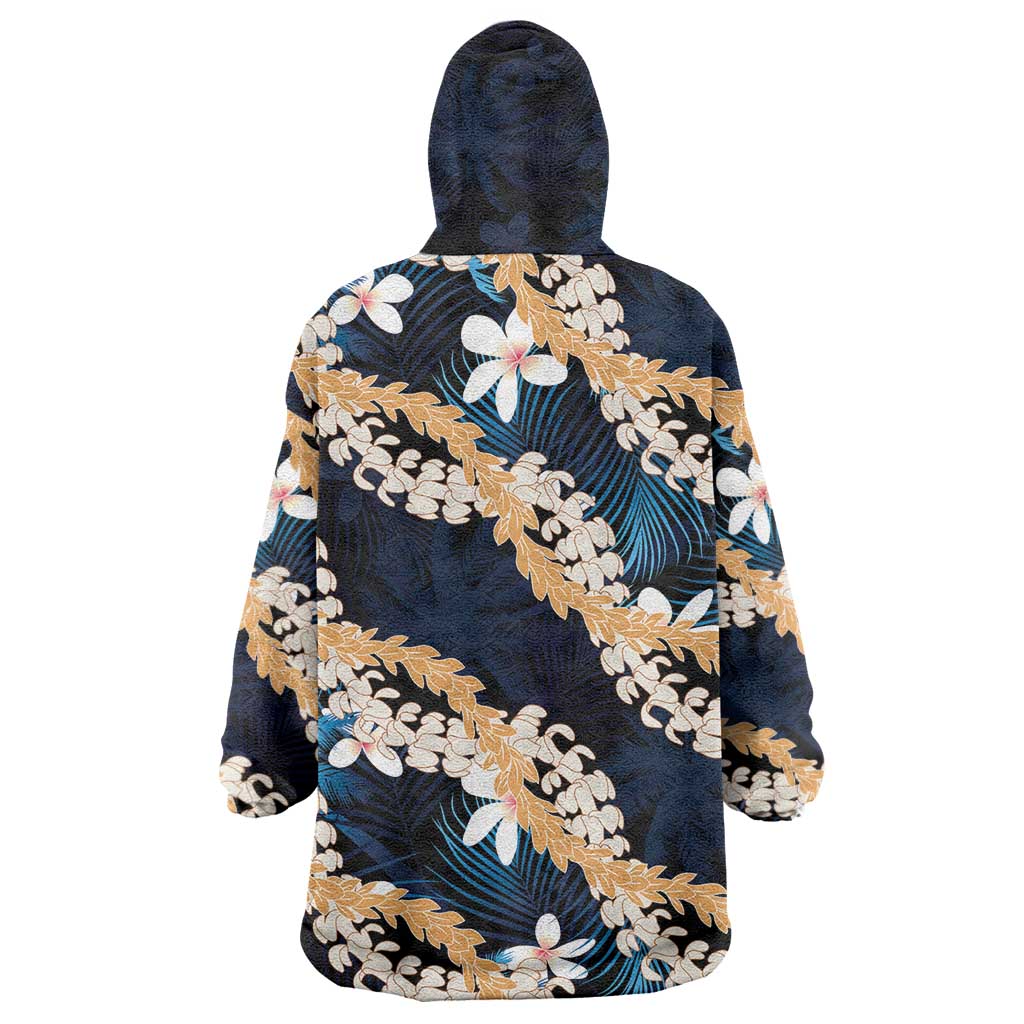 Puakenikeni Maile Lei Wearable Blanket Hoodie Frangipani Blue Tropical Leaves LT01 - Polynesian Pride