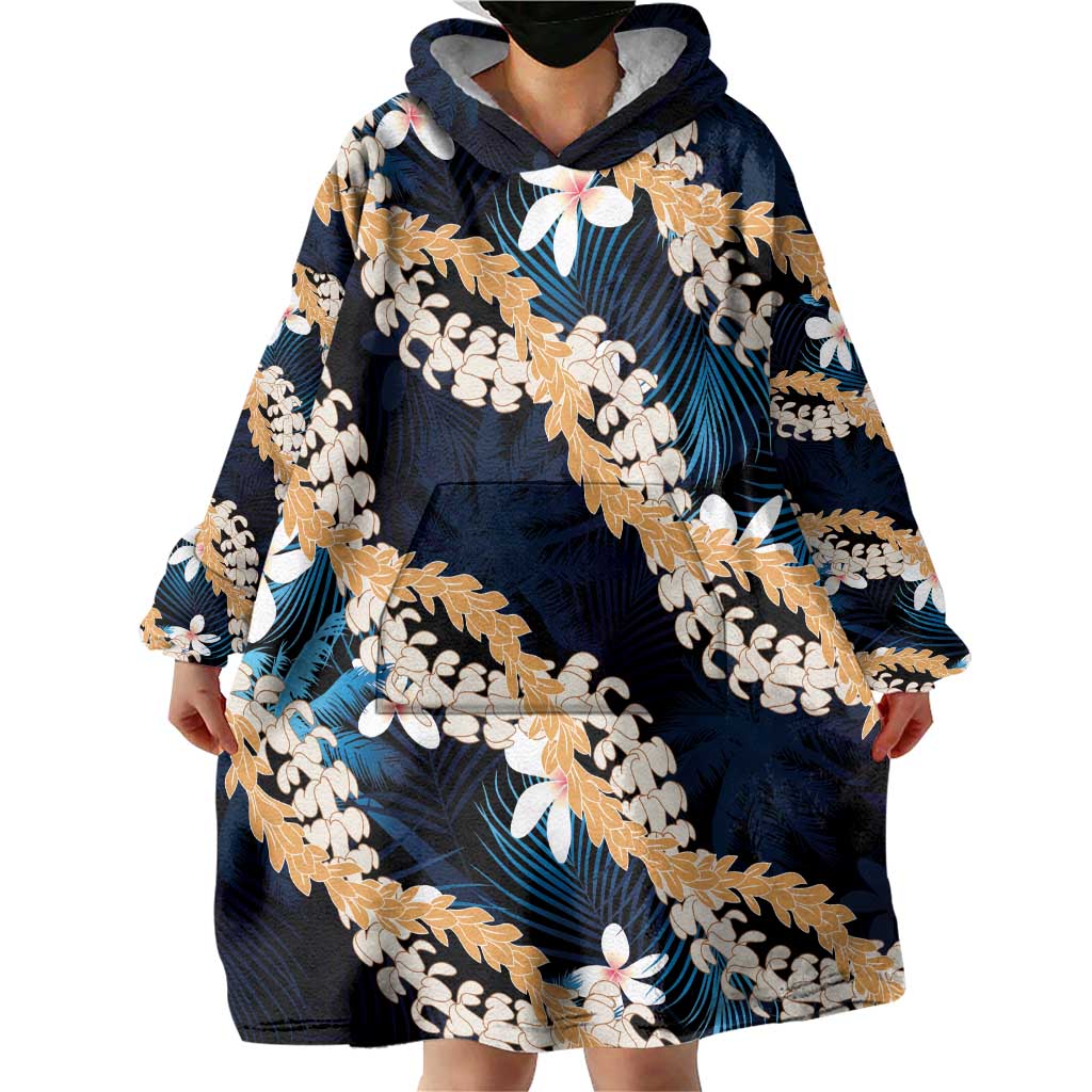 Puakenikeni Maile Lei Wearable Blanket Hoodie Frangipani Blue Tropical Leaves LT01 - Polynesian Pride