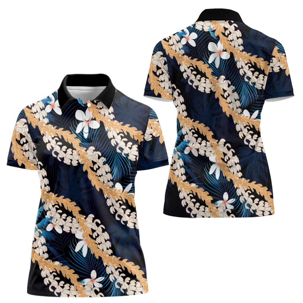 Puakenikeni Maile Lei Women Polo Shirt Frangipani Blue Tropical Leaves LT01 - Polynesian Pride