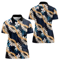 Puakenikeni Maile Lei Women Polo Shirt Frangipani Blue Tropical Leaves LT01 - Polynesian Pride