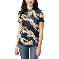 Puakenikeni Maile Lei Women Polo Shirt Frangipani Blue Tropical Leaves LT01 - Polynesian Pride