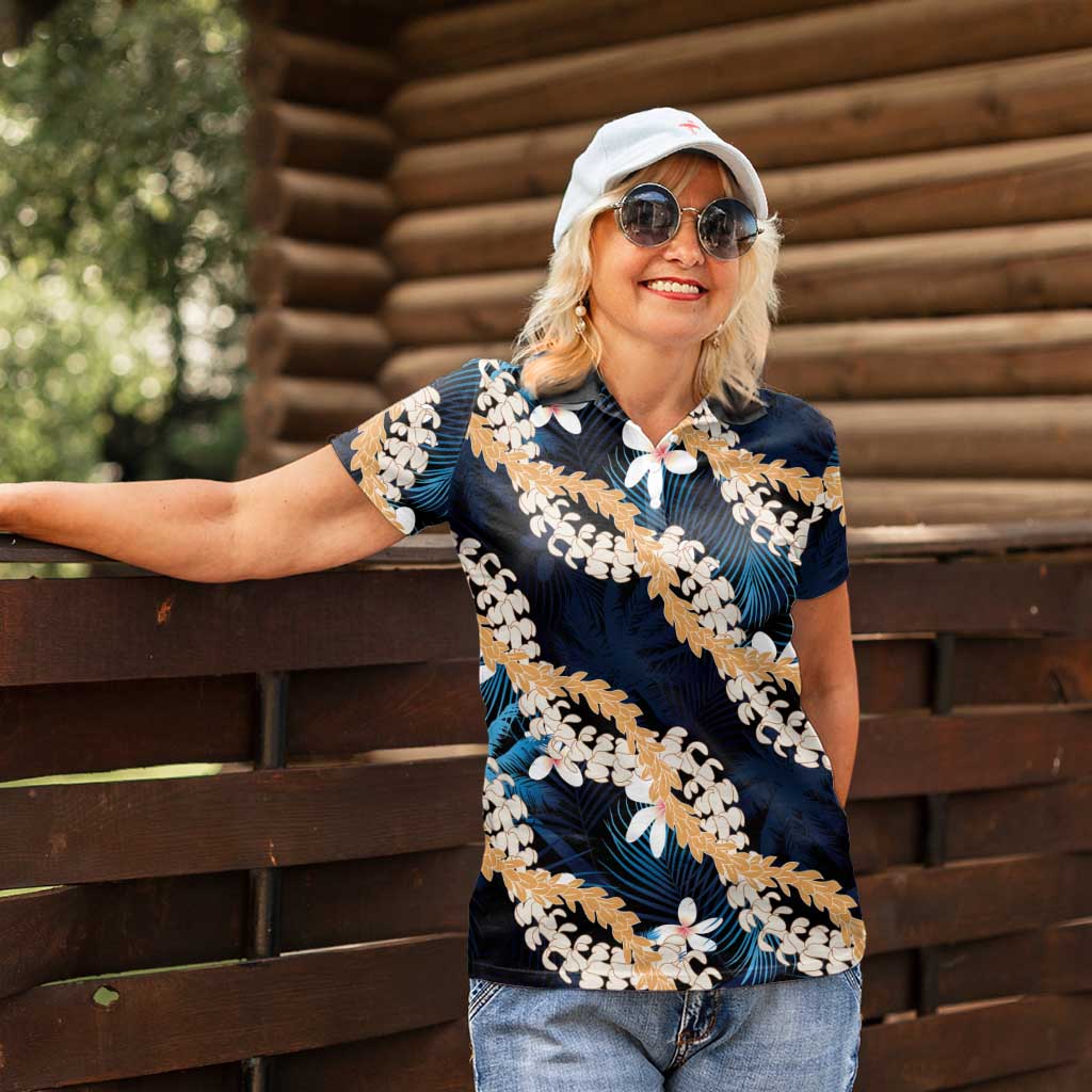 Puakenikeni Maile Lei Women Polo Shirt Frangipani Blue Tropical Leaves LT01 - Polynesian Pride