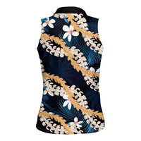 Puakenikeni Maile Lei Women Sleeveless Polo Shirt Frangipani Blue Tropical Leaves LT01 - Polynesian Pride
