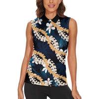 Puakenikeni Maile Lei Women Sleeveless Polo Shirt Frangipani Blue Tropical Leaves LT01 - Polynesian Pride