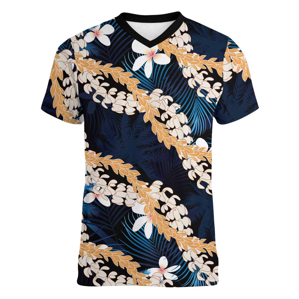 Puakenikeni Maile Lei Women V-Neck T-Shirt Frangipani Blue Tropical Leaves