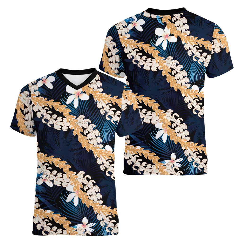 Puakenikeni Maile Lei Women V-Neck T-Shirt Frangipani Blue Tropical Leaves LT01 - Polynesian Pride
