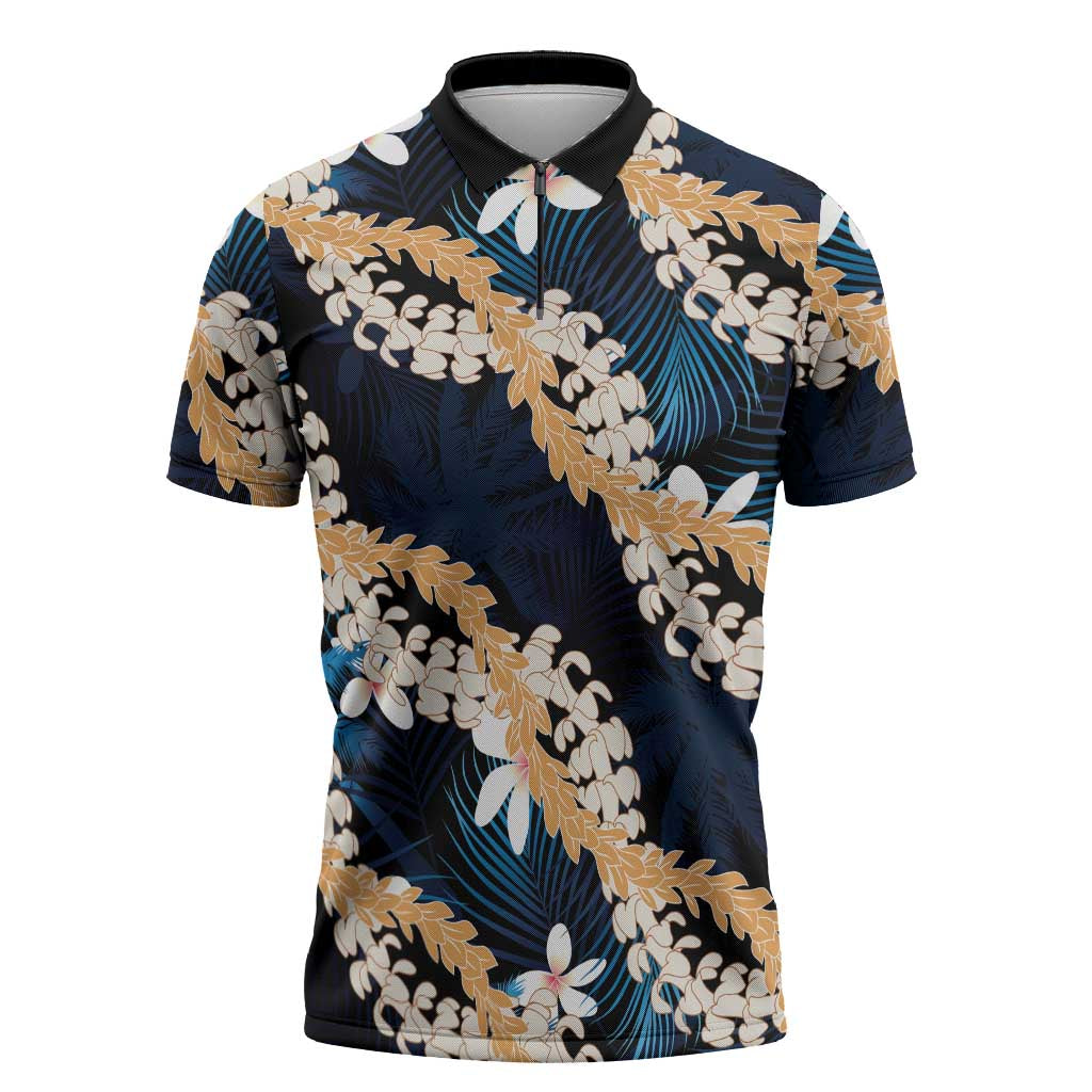 Puakenikeni Maile Lei Zipper Polo Shirt Frangipani Blue Tropical Leaves LT01 Blue - Polynesian Pride