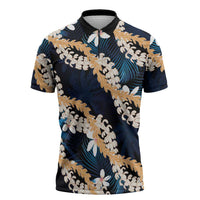 Puakenikeni Maile Lei Zipper Polo Shirt Frangipani Blue Tropical Leaves LT01 Blue - Polynesian Pride