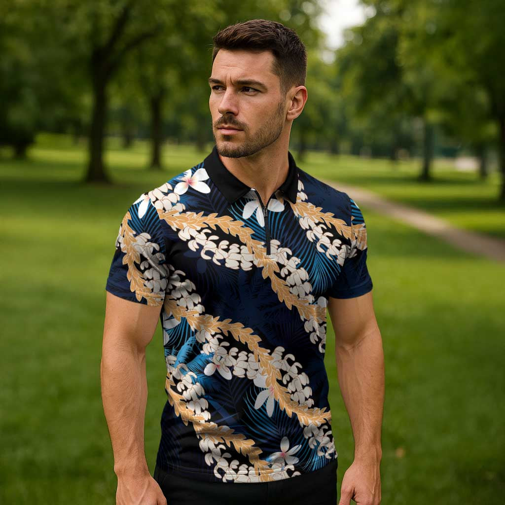 Puakenikeni Maile Lei Zipper Polo Shirt Frangipani Blue Tropical Leaves LT01 - Polynesian Pride