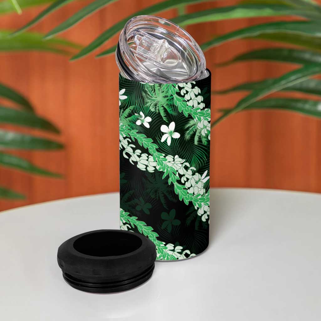 Puakenikeni Maile Lei 4 in 1 Can Cooler Tumbler Frangipani Green Tropical Leaves LT01 - Polynesian Pride