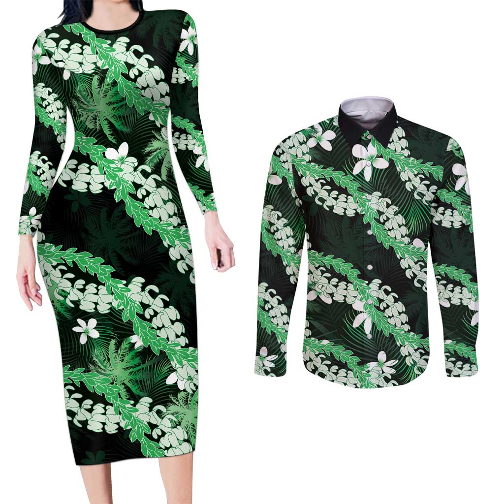 Puakenikeni Maile Lei Couples Matching Long Sleeve Bodycon Dress and Long Sleeve Button Shirt Frangipani Green Tropical Leaves LT01 Green - Polynesian Pride