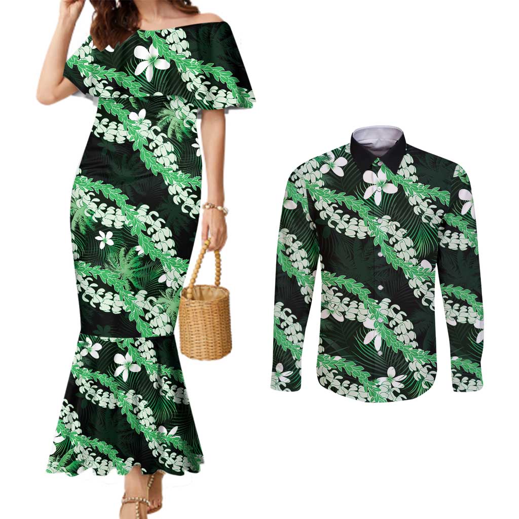Puakenikeni Maile Lei Couples Matching Mermaid Dress and Long Sleeve Button Shirt Frangipani Green Tropical Leaves LT01 Green - Polynesian Pride