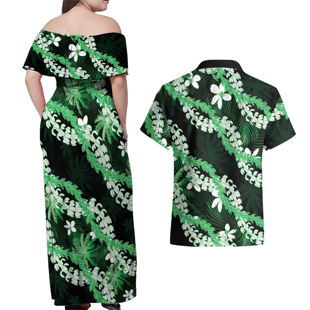 Puakenikeni Maile Lei Couples Matching Off Shoulder Maxi Dress and Hawaiian Shirt Frangipani Green Tropical Leaves LT01 - Polynesian Pride
