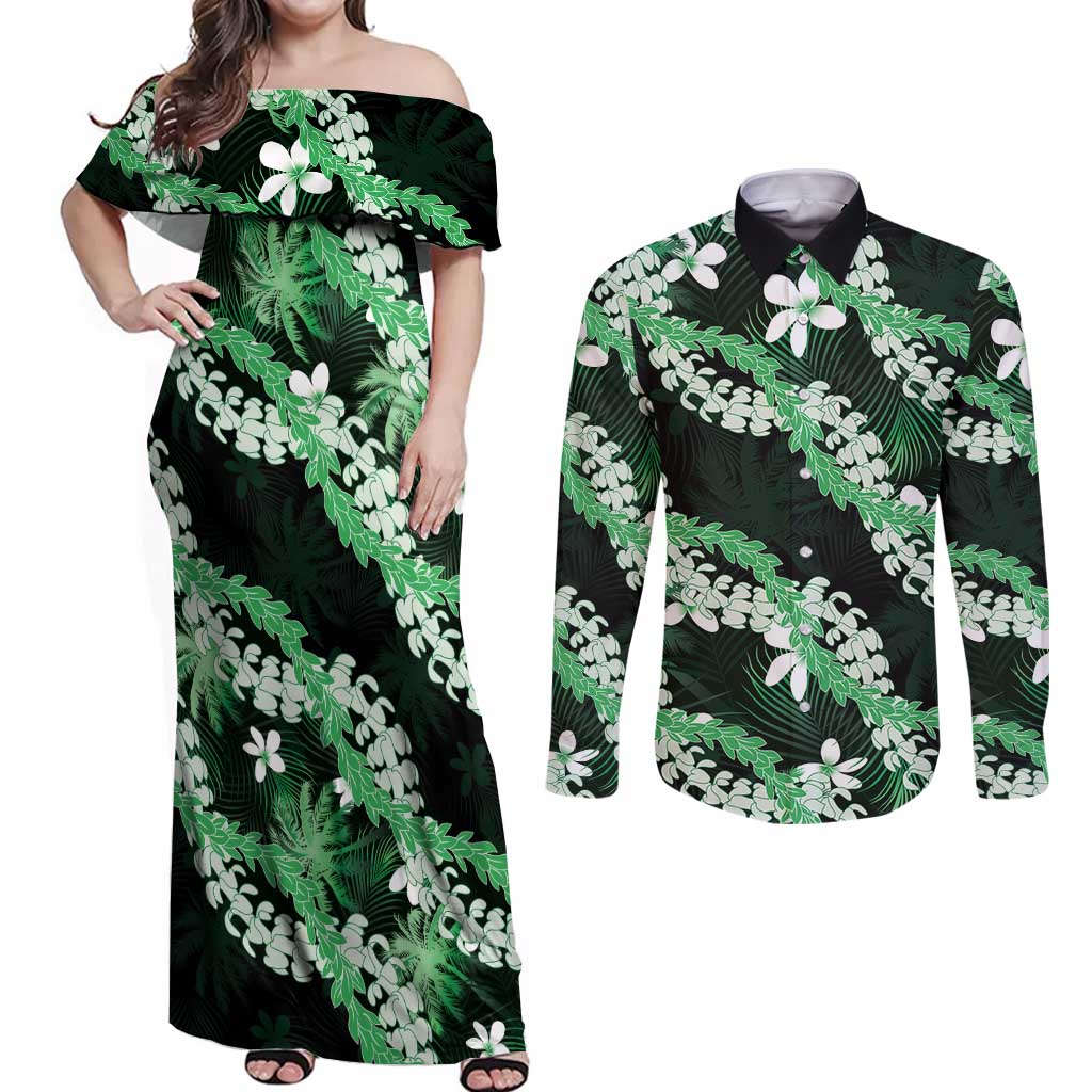 Puakenikeni Maile Lei Couples Matching Off Shoulder Maxi Dress and Long Sleeve Button Shirt Frangipani Green Tropical Leaves LT01 Green - Polynesian Pride