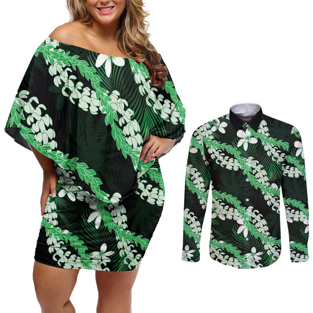 Puakenikeni Maile Lei Couples Matching Off Shoulder Short Dress and Long Sleeve Button Shirt Frangipani Green Tropical Leaves LT01 Green - Polynesian Pride
