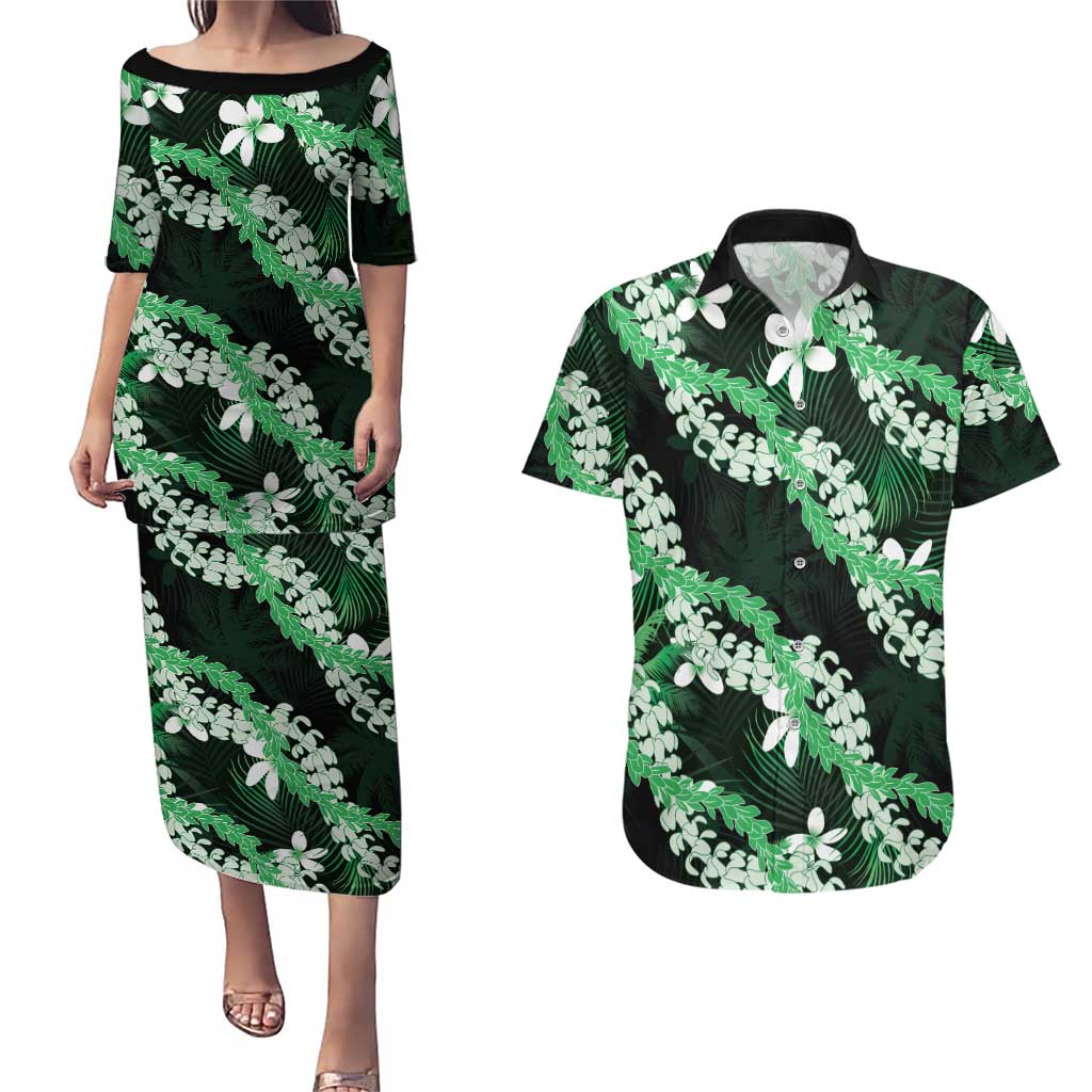 Puakenikeni Maile Lei Couples Matching Puletasi and Hawaiian Shirt Frangipani Green Tropical Leaves LT01 Green - Polynesian Pride