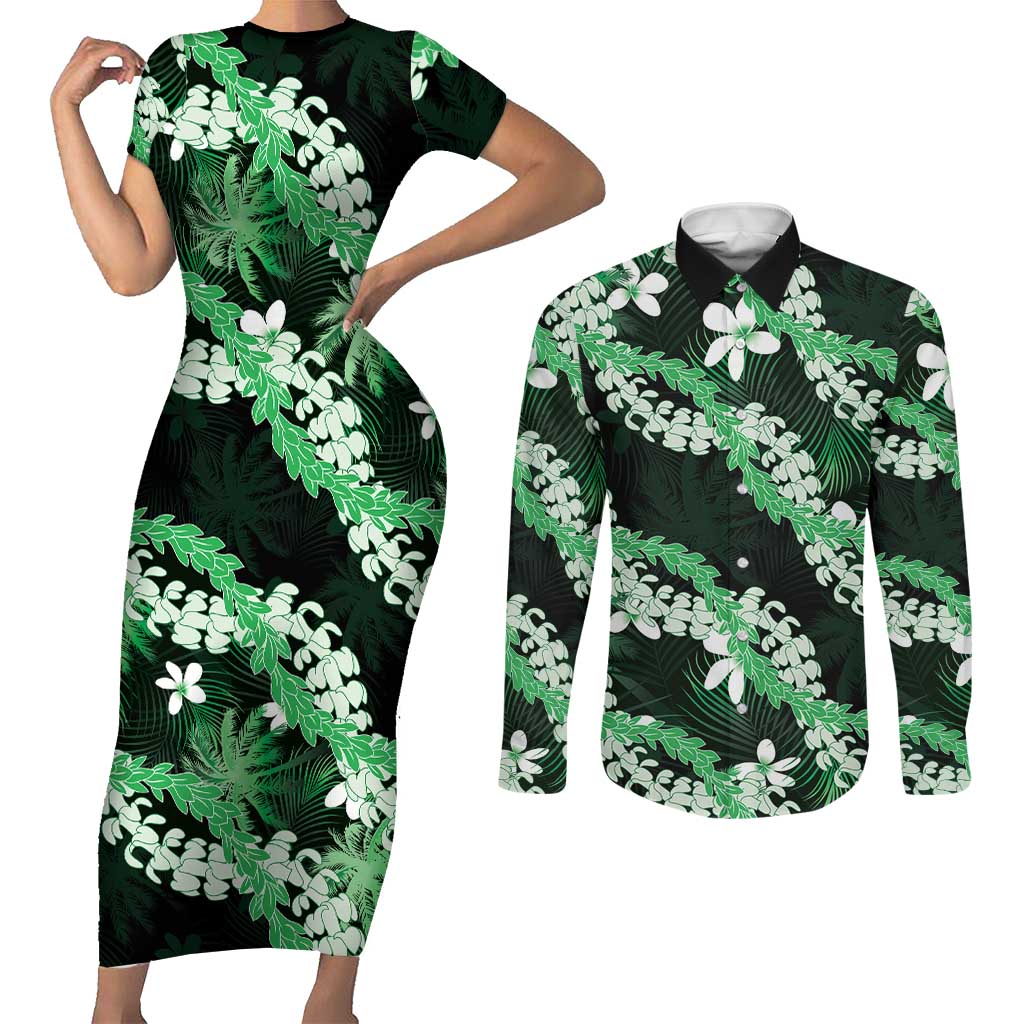 Puakenikeni Maile Lei Couples Matching Short Sleeve Bodycon Dress and Long Sleeve Button Shirt Frangipani Green Tropical Leaves LT01 Green - Polynesian Pride