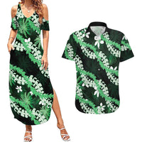 Puakenikeni Maile Lei Couples Matching Summer Maxi Dress and Hawaiian Shirt Frangipani Green Tropical Leaves LT01 Green - Polynesian Pride