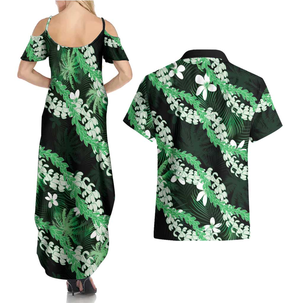 Puakenikeni Maile Lei Couples Matching Summer Maxi Dress and Hawaiian Shirt Frangipani Green Tropical Leaves LT01 - Polynesian Pride