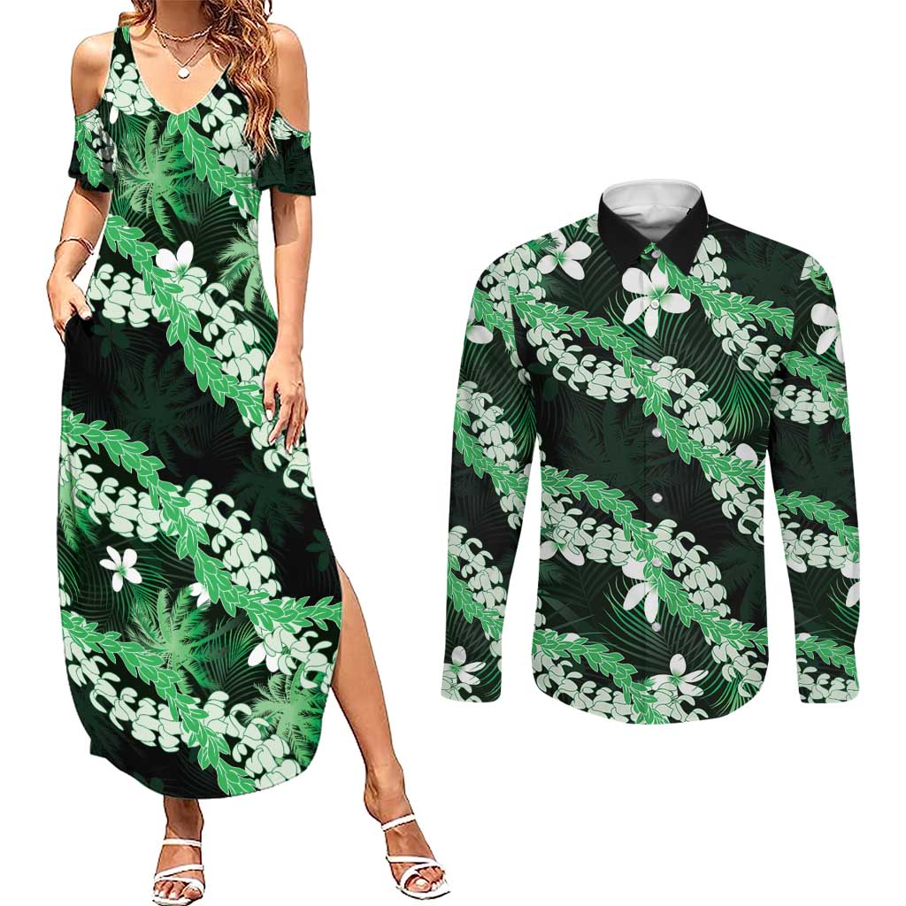 Puakenikeni Maile Lei Couples Matching Summer Maxi Dress and Long Sleeve Button Shirt Frangipani Green Tropical Leaves LT01 Green - Polynesian Pride