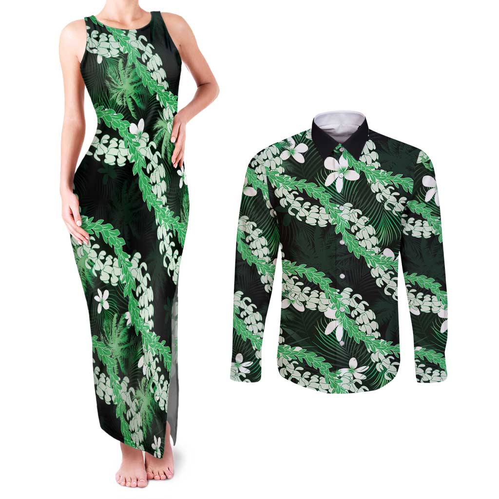 Puakenikeni Maile Lei Couples Matching Tank Maxi Dress and Long Sleeve Button Shirt Frangipani Green Tropical Leaves LT01 Green - Polynesian Pride