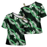 Puakenikeni Maile Lei Cross Shoulder Shirt Frangipani Green Tropical Leaves