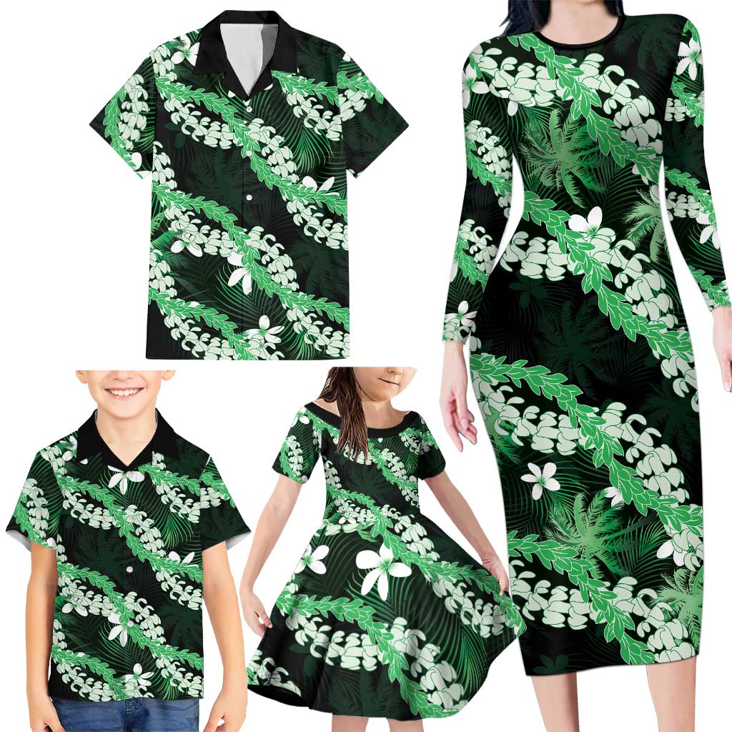 Puakenikeni Maile Lei Family Matching Long Sleeve Bodycon Dress and Hawaiian Shirt Frangipani Green Tropical Leaves LT01 - Polynesian Pride