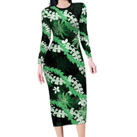 Puakenikeni Maile Lei Family Matching Long Sleeve Bodycon Dress and Hawaiian Shirt Frangipani Green Tropical Leaves LT01 Mom's Dress Green - Polynesian Pride