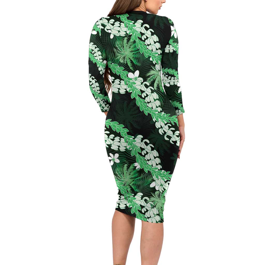 Puakenikeni Maile Lei Family Matching Long Sleeve Bodycon Dress and Hawaiian Shirt Frangipani Green Tropical Leaves LT01 - Polynesian Pride
